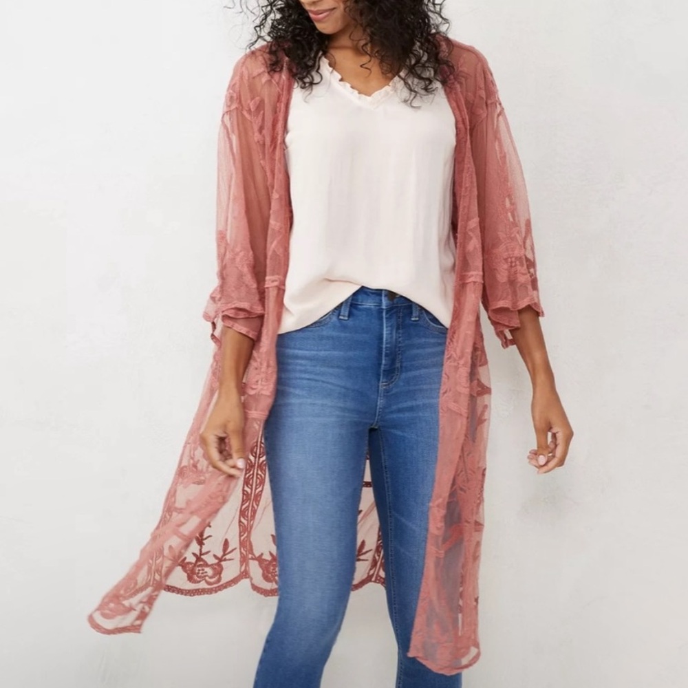 Lauren Conrad Dusty Rose Floral Embroidered Kimono Cover-up OS